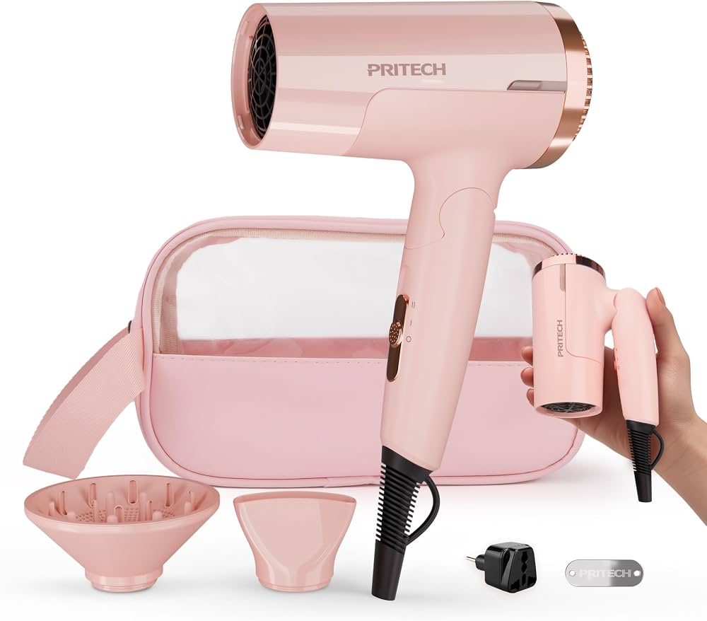 PRITECH - Secador de pelo de viaje de con difusor, plegable