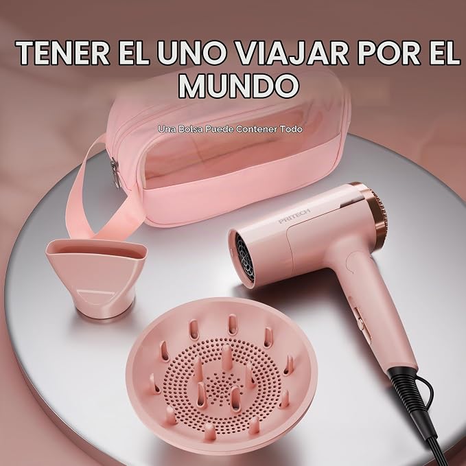 PRITECH - Secador de pelo de viaje de con difusor, plegable